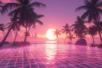 Naklejka premium Tropical Sunset with Neon Grid on Water