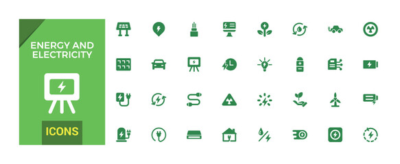Energy and electricity icon set. Solid icon collection. Glyph for web and ui. Filled icon pack. Solid Energy icon bundle. Vector illustration.