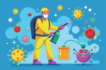 A health worker in protective gear sprays disinfectant to eliminate viruses in an affected area, Customizable Semi Flat Illustration for Virus Disinfection