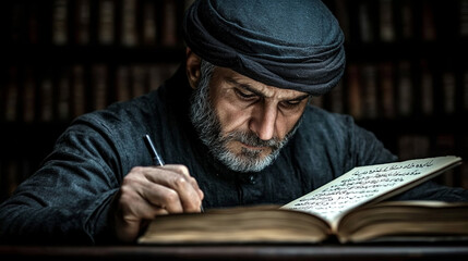 A focused man in traditional attire, deeply engaged in writing a historical manuscript inside a library filled with old books.