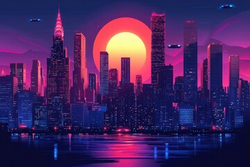 Futuristic City Skyline with Neon Lights and Flying Cars at Sunset