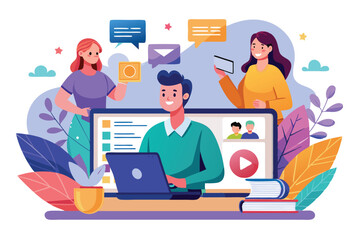 Fototapeta premium A person interacts with attendees during a live webinar, discussing topics and sharing visual content, Customizable semi flat illustration for webinars