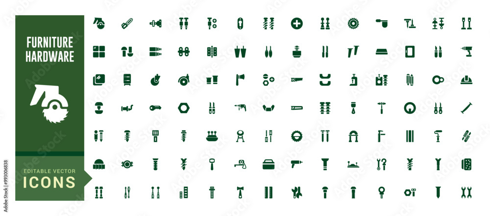 Poster furniture hardware isolated solid icons set. set of carpenter fasteners, glyph icon collection for w