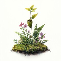 A vibrant scene showcasing various plants, including a unique pitcher plant, nestled on a lush bed of moss and colorful flowers against a clean white background.