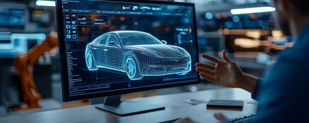 Automotive Engineer Designing Car in 3D Software on Computer Screen.