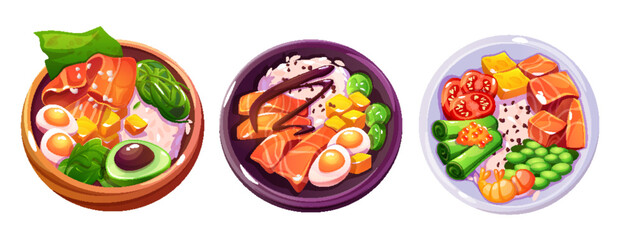 Poke bowl in plates with rice and avocado, salmon fish and egg, cheese and tomato, seaweeds and salad. Cartoon vector illustration set of traditional Hawaiian meal with seafood and vegetables.