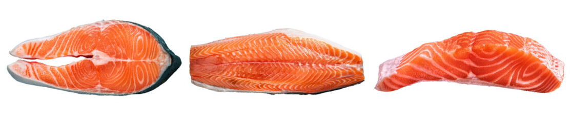 three pieces of tunas or salmon fillet slices isolated on white background