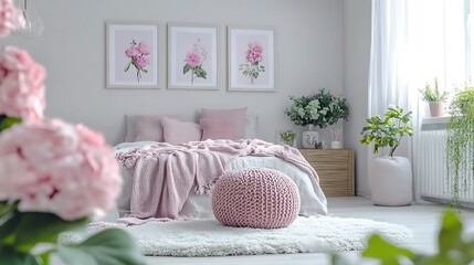 Cozy bedroom with floral decor and soft furnishings.