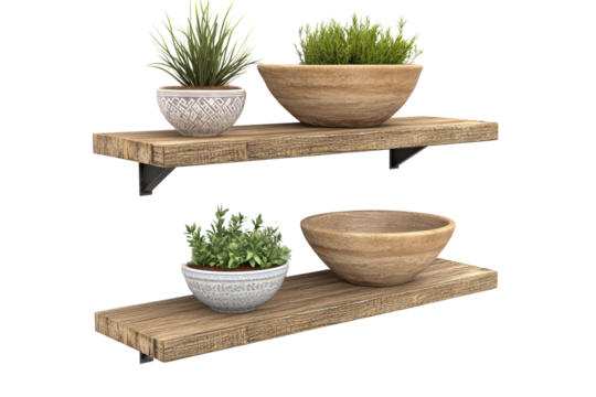 Rustic wooden shelves with potted plants and decorative bowls, ideal for home decor and interior design inspiration.