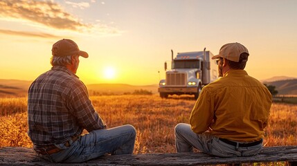 Two Men Watching a Semi Truck at Sunset.