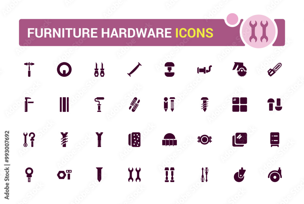 Poster furniture hardware isolated solid icons set. set of carpenter fasteners, glyph icon collection for w