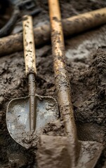 Detailed view of mud caked tools and equipment used in flood recovery, highlighting the grit and effort involved