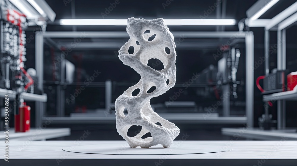 Poster futuristic 3d-printed sculpture with abstract design in a modern setting