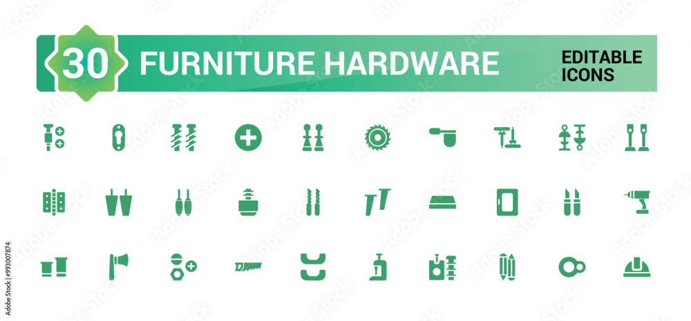 Poster furniture hardware isolated solid icons set. set of carpenter fasteners, glyph icon collection for w