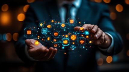 Businessman with Digital Technology Icons and Bokeh Effect