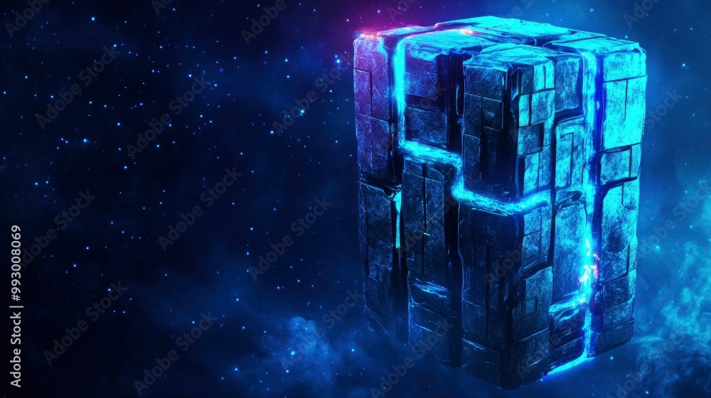 Poster mysterious floating cube in space with glowing blue energy lines