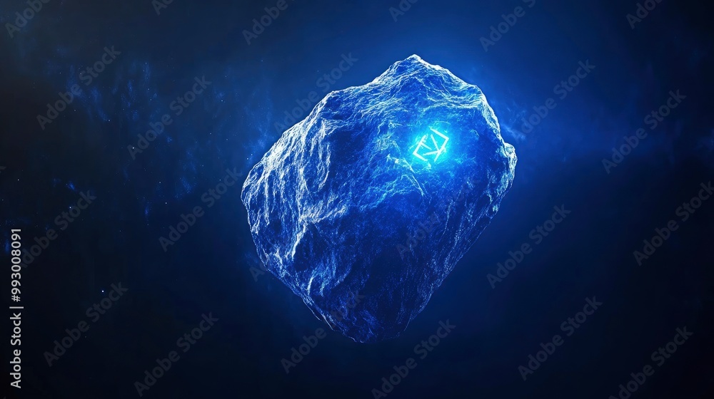 Poster mysterious glowing blue meteor with a symbol floating in space