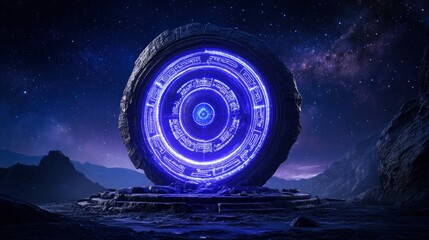 Fototapeta premium Mysterious ancient portal under a starry night sky with glowing symbols