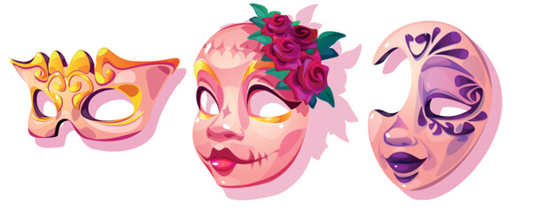 Carnival and theatre face mask decorated with red rose flowers, golden and purple ornament. Cartoon vector illustration set of glamour Venice or Mardi Gras masquerade and festival costume element. © klyaksun