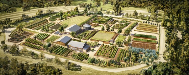 Technical drawing for a large-scale permaculture farm, focusing on sustainable agricultural practices and local food systems