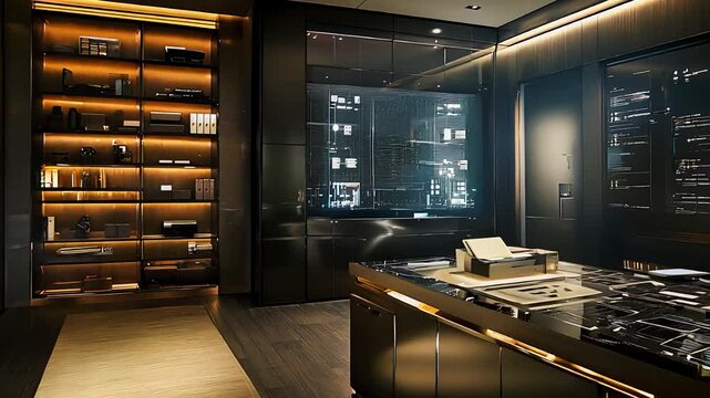 Sleek modern kitchen with integrated smart appliances, dark wood accents, ambient lighting, and sophisticated high-tech design.