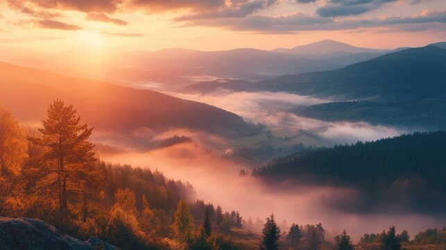 hazy panorama of the landscape. Wonderfully surreal dawn on rugged peaks, offering a glimpse of the foggy valley beneath. cloud cover above the forest. A view of the fanciful countryside below. 