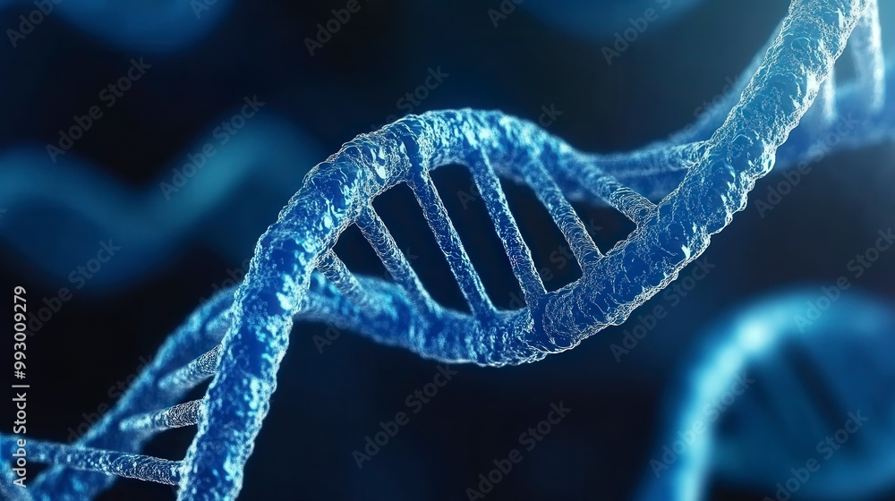 Poster close-up view of dna double helix structure with blue glow