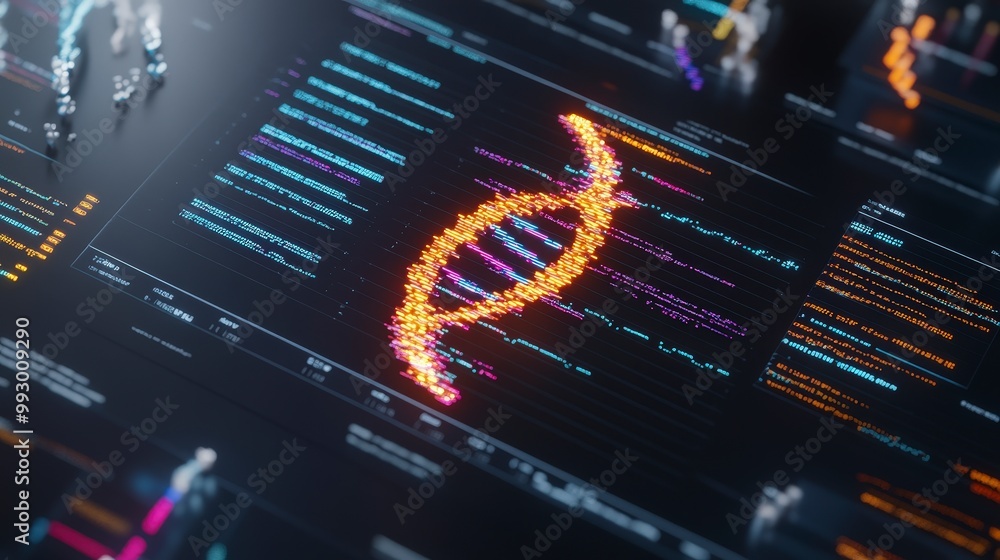 Poster digital representation of dna helix with data on futuristic screen