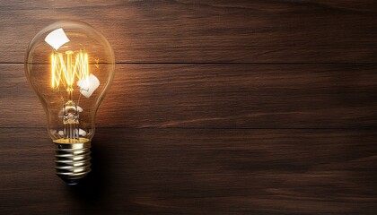 An illuminated vintage light bulb resting on a wooden surface, symbolizing creativity and inspiration in a modern workspace.