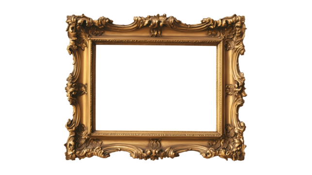 Elegant antique golden frames PNG, featuring intricate carvings and a rich gilded finish, perfect for adding a touch of vintage charm to any decoration. Generative AI.