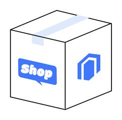 A box with shop commerce and box logos in blue and white colors, sealed with tape on the top. Ideal for e-commerce, shipping, branding, web shops, delivery and online retail themes.