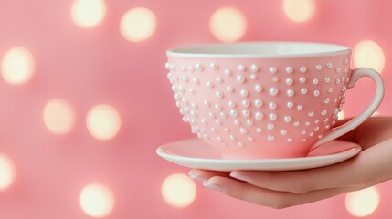 A beautiful pink cup adorned with pearl-like decorations, gracefully held against a soft, blurred pink background, perfect for showcasing elegance and style.