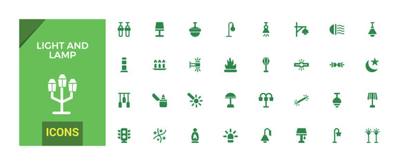 Light and lamps solid icons set. Set of Light bulb, spotlight, street light filled icon set. glyph for web and ui. Solid lamp icon set. Vector illustration.