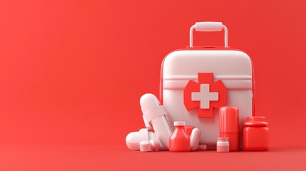Healthcare essentials displayed in a red and white medical kit