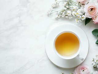 A delicate tea cup filled with golden tea surrounded by beautiful pastel flowers on a marble surface. Perfect for a serene afternoon tea or a refreshing moment of relaxation.