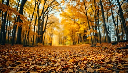 Naklejka premium A wide, low-angle shot of a forest trail covered in golden fallen leaves.