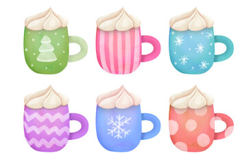 Watercolor clipart collection of Christmas winter hot drinks on white background. New Year mug of cocoa with whipped cream, cup of coffee, ginger tea
