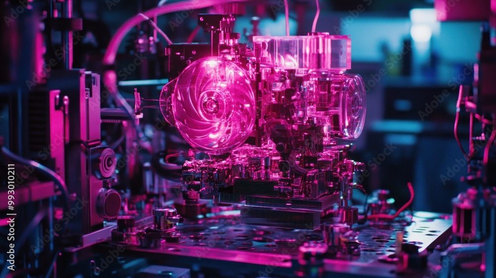Poster a close-up of a complex, illuminated mechanical device with vibrant colors.