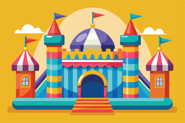 Fototapeta premium A vibrant bouncy castle design features bright colors and playful architecture perfect for kids' events and parties, Customizable semi-flat illustration of a bouncy castle.