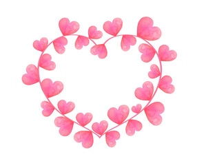 hand painted pink hearts frame. Romantic wreaths for wedding greeting cards, Valentine's Day invitation. Watercolor Clipart boarder with white copy space background