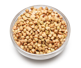 Common buckwheat  Bowl of raw buckwheat on white background. File contains clipping path.
