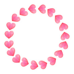 invitations round frame with hand painted pink hearts. Romantic wreaths for wedding greeting cards, Valentine's Day invitation. Watercolor Clipart boarder with white copy space background