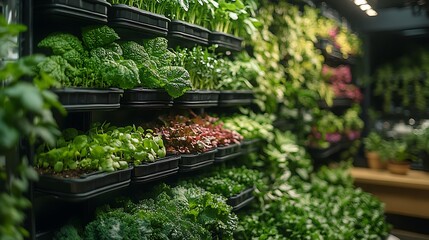 A beautifully designed indoor vertical garden with hydroponic trays stacked high, filled with growing vegetables and herbs, bathed in soft natural light, symbolizing the future of urban farming.