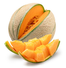 Cantaloupe melon with melon slices isolated on white background. File contains clipping path.