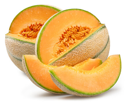 Cantaloupe melons with melon slices isolated on white background. File contains clipping path.