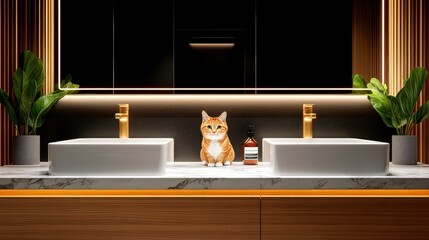 Cat sitting between two sinks in a modern bathroom