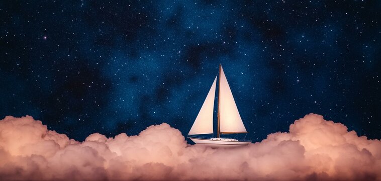 A serene sailing boat gently glides on fluffy clouds under a starry night sky, creating a dreamy and tranquil atmosphere. Perfect for travel and adventure themes.
