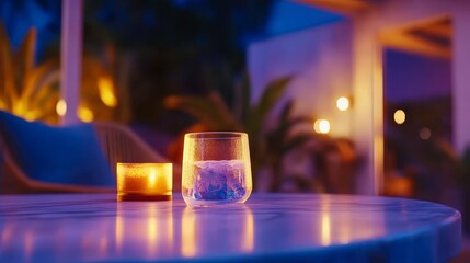 Serene evening with candlelight and drinks on marble table outdoors