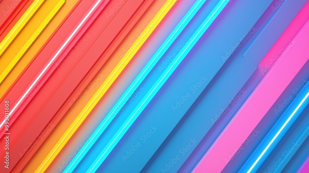 Poster vibrant diagonal neon light patterns in various colors, creating a modern abstract design.