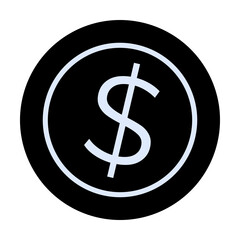 Black circle with white dollar sign in the center. Ideal for finance, banking, money, business, and economic themes. Minimalistic vector style.